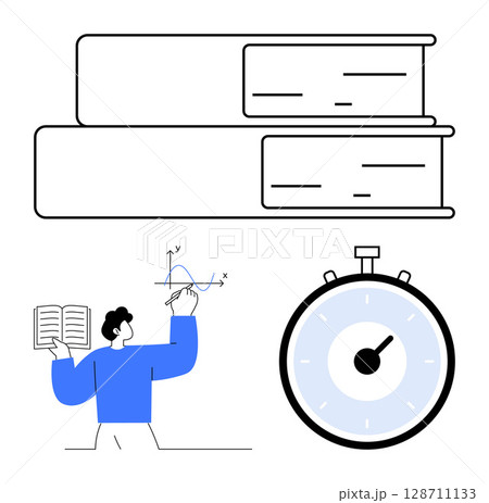 Books person with open book drawing graph stopwatch. Ideal for education study learning, mathematics, time management, research. Emphasizes knowledge, efficiency, planning. Line metaphor 128711133