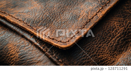 Fine leather creases in dark brown, demonstrating flexible texture, warmth, and classic atmosphere. 128711291