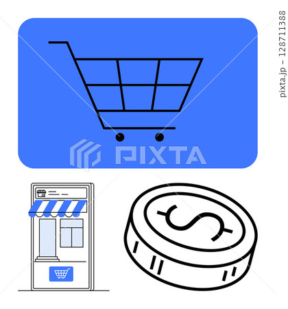 Shopping cart within a blue rectangle, online store with striped awning, and a dollar coin. Ideal for online shopping, digital retail, e-commerce, financial transactions, business, web stores Shopping cart within a blue rectangle, online store with striped awning, and a dollar coin. Ideal for online shopping, digital retail, e-commerce, financial transactions, business, web stores 128711388