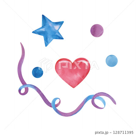Festive elements for the holiday, hand-drawn. Watercolor illustration of the festive decor. Isolated on a white background. Streamers, confetti, a heart and a star. Clipart. 128711395