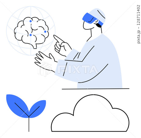 Person wearing virtual reality headset interacting with holographic brain scan. Below, symbols for cloud computing and growth represented by a cloud and a plant sprout. Ideal for technology Person wearing virtual reality headset interacting with holographic brain scan. Below, symbols for cloud computing and growth represented by a cloud and a plant sprout. Ideal for technology 128711402