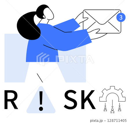 Woman holding an envelope with a notification count of three. RISK text with an exclamation mark and gear symbol. Ideal for emails, alerts, notifications, risk management, communication, warnings 128711405