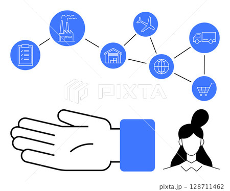 Hand, woman, factory, warehouse, globe, shopping cart, airplane, truck connected through icons representing stages of supply chain. Ideal for business logistics commerce networking 128711462