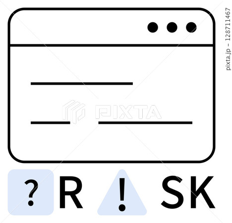 Simplified browser window above the word RISK with symbols indicating caution and uncertainty. Ideal for online security, data protection, risk management, cybersecurity, IT alerts, safety measures Simplified browser window above the word RISK with symbols indicating caution and uncertainty. Ideal for online security, data protection, risk management, cybersecurity, IT alerts, safety measures 128711467