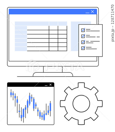 Monitor displaying a spreadsheet, checklist with checkmarks, chart analyzing data trends, and large gear symbolizing settings. Ideal for business analytics, data management, financial analysis Monitor displaying a spreadsheet, checklist with checkmarks, chart analyzing data trends, and large gear symbolizing settings. Ideal for business analytics, data management, financial analysis 128711470