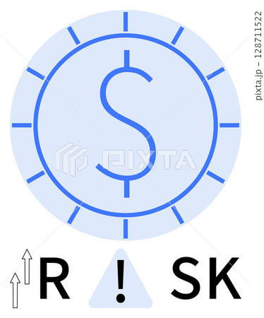Dollar coin with markings, letters R and SK, and a triangular warning sign with an exclamation mark. Ideal for finance, investment, risk management, economic analysis, business strategy, monetary 128711522