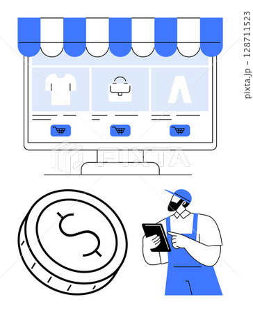 E-commerce storefront display showing products with shopping cart icons, large coin with dollar sign, delivery person using tablet. Ideal for online retail, payment solutions, logistics, e-commerce 128711523