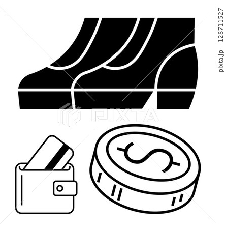 Shoes, wallet with a credit card, and a coin with a dollar sign. Ideal for retail, shopping, finance, footwear, consumer spending money management e-commerce. Line metaphor Shoes, wallet with a credit card, and a coin with a dollar sign. Ideal for retail, shopping, finance, footwear, consumer spending money management e-commerce. Line metaphor 128711527