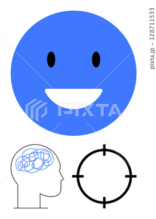 Smiling blue face emoticon, human head with tangled lines representing confusion, circular target reticle. Ideal for mental health, emotions, focus, psychology, mindfulness stress therapy. Line Smiling blue face emoticon, human head with tangled lines representing confusion, circular target reticle. Ideal for mental health, emotions, focus, psychology, mindfulness stress therapy. Line 128711533