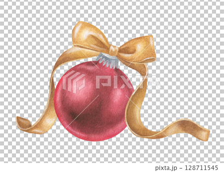 Red Christmas tree ball with golden bow. Watercolor illustration of a Xmas ornament and holiday decoration. Hand drawn vintage sketch on white isolated background. Water color painting art image 128711545
