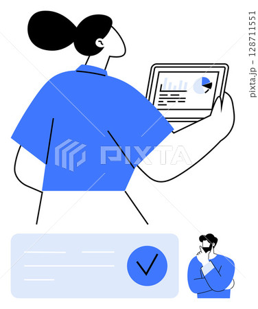Woman looking at a tablet with charts and graphs, and a man lost in thought. Ideal for business strategy, analysis, teamwork, planning, decision-making, data visualization project management. Line 128711551