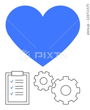 Large blue heart above checklist and gears. Ideal for health, productivity, wellness, project management, settings workflow optimization goal setting. Line metaphor. Line metaphor. Simple line icons Large blue heart above checklist and gears. Ideal for health, productivity, wellness, project management, settings workflow optimization goal setting. Line metaphor. Line metaphor. Simple line icons 128711575