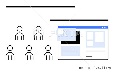 Group of six stick figures next to a browser window containing website elements. Ideal for team collaboration, web design, project planning, digital development, user experience, teamwork, education 128711576
