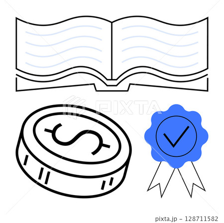 Open book with wavy pages, blue medal with checkmark, and dollar coin. Ideal for education, e-learning, finance, certifications, business achievements and monetary concepts. Line metaphor Open book with wavy pages, blue medal with checkmark, and dollar coin. Ideal for education, e-learning, finance, certifications, business achievements and monetary concepts. Line metaphor 128711582