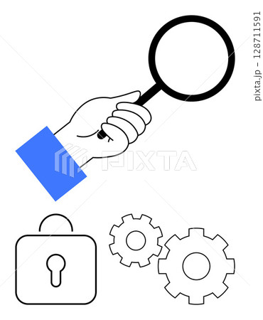 Magnifying glass held by hand, adjacent to lock icon and two interconnected gears. Ideal for cybersecurity, IT support, system analysis, problem-solving, data protection, quality control, research 128711591