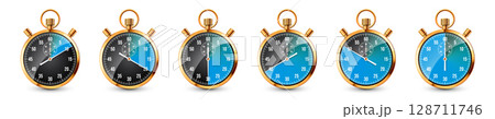 Realistic classic stopwatch. Shiny golden metal chronometer, time counter with dial. Blue countdown timer showing minutes and seconds. Time measurement for sport, start, finish. Vector illustration Realistic classic stopwatch. Shiny golden metal chronometer, time counter with dial. Blue countdown timer showing minutes and seconds. Time measurement for sport, start, finish. Vector illustration 128711746