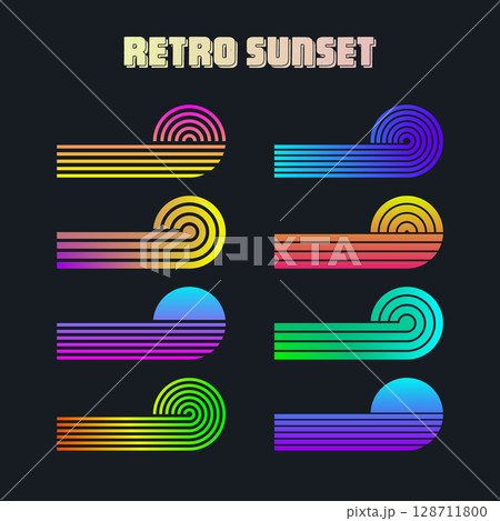 Vintage colorful sunset. Various gradient striped sunrise badges in 80s and 90s style. Sun and ocean view, summer vibes, surfing. Design element for print, logo or t-shirt. Vector illustration 128711800