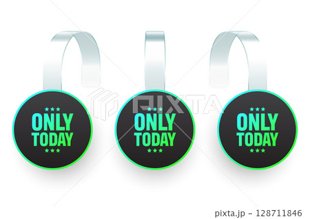 Colorful neon supermarket promotional wobblers. Realistic wobbler template for shelf advertising. Sale or discount label with ad text. Special offer price tag. Vector illustration 128711846