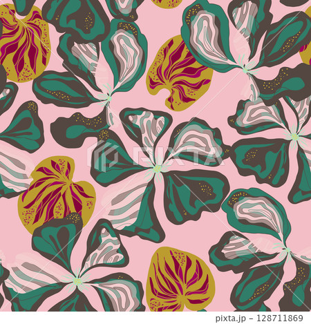 seamless pattern with tropical plants and flowers seamless pattern with tropical plants and flowers 128711869