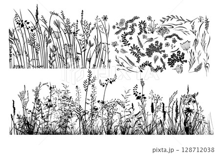 Set of horizontal banners of meadow silhouettes with grass. hand drawn. Not AI, Vector illustration Set of horizontal banners of meadow silhouettes with grass. hand drawn. Not AI, Vector illustration 128712038
