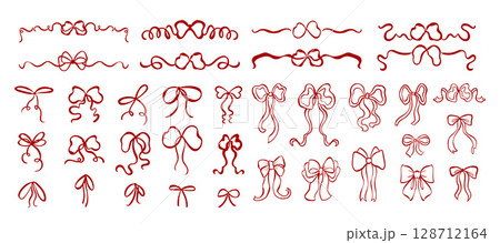 Big set of cherry color gift ribbon bows and knots in various styles and shapes. Ideal for cards, packaging, scrapbooking. Flat vector illustration in decorative Coquette Aesthetic style. 128712164