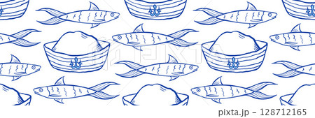 Stylish blue doodle pattern with fisherman hat and sardine. Background for packaging, textile and men gift. Quirky nautical vector doodle illustration. Stylish blue doodle pattern with fisherman hat and sardine. Background for packaging, textile and men gift. Quirky nautical vector doodle illustration. 128712165