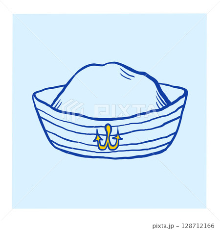 Fisherman themed square postcard with sailor hat in quirky doodle marine style. Fun gift or decor, poster, printable. Vector doodle in hand drawn nautical style. 128712166