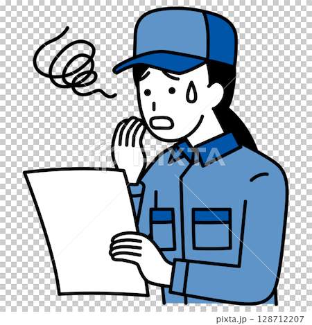 書類を見て困惑するつなぎ作業服の女性 128712207