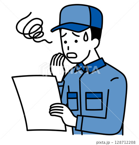 書類を見て困惑するつなぎ作業服の男性 128712208