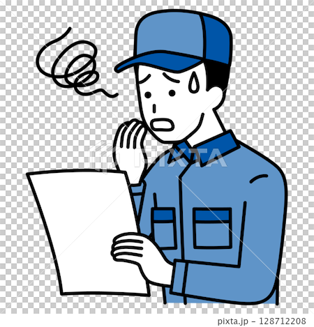 A man in overalls looking at a document and feeling confused 128712208