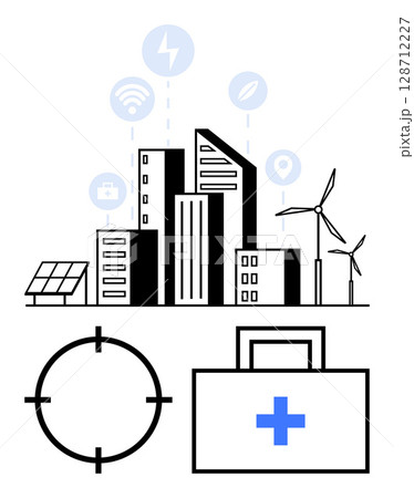 Renewable energy cityscape with wind turbines, solar panels, smart technologies. Ideal for renewable energy, smart cities, clean tech, healthcare, security future technology sustainability. Line 128712227