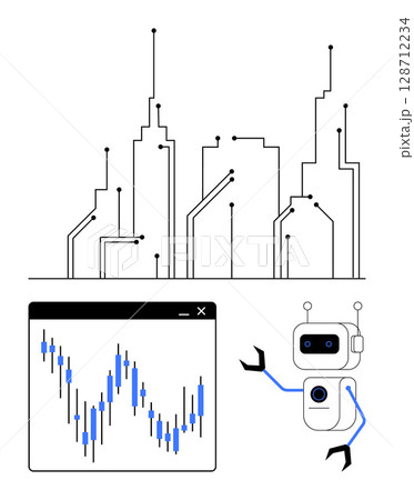 Robot with expressive face and mechanical arms pointing at fluctuating financial graph. Smart city skyline with connected nodes. Ideal for AI, data analysis, technology, finance, future trends, smart 128712234