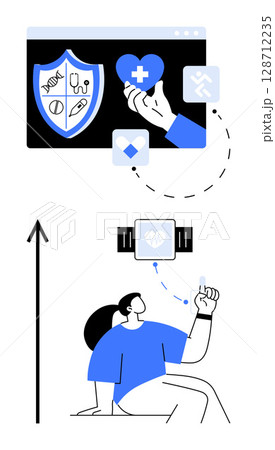 Connected smart devices and health applications illustrate fitness wearables enhancing lifestyle. Ideal for wellness, technology, healthcare, innovation, activity tracking, digital health, future 128712235
