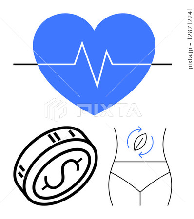 Blue heart with heartbeat line, coin with dollar sign, outline of torso with arrows at waist. Ideal for health, fitness, finance, weight loss, health monitoring wellness diet. Line metaphor Blue heart with heartbeat line, coin with dollar sign, outline of torso with arrows at waist. Ideal for health, fitness, finance, weight loss, health monitoring wellness diet. Line metaphor 128712241