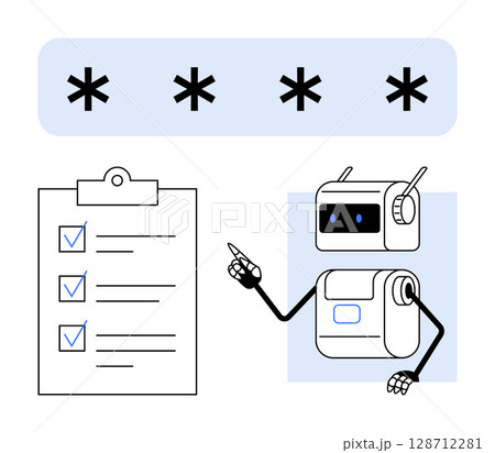 Adorable robot holds a clipboard with a checklist under a password field. Ideal for technology, security, automation, organization, productivity, future, AI themes. Line metaphor 128712281