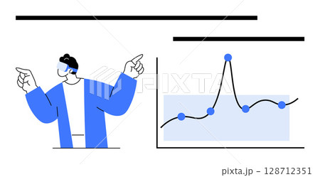 Person pointing at a data chart with rising line graph. Ideal for presentations, analytics, business growth, forecasting, education, strategy, learning. Line metaphor 128712351