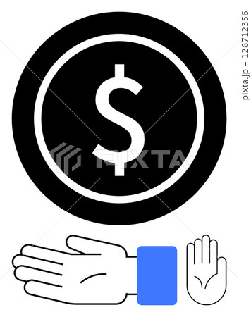 Large black coin with white dollar sign above an open hand and a raised hand, blue wristband. Ideal for finance, currency, transactions, commerce, charity, donations financial assistance. Line 128712356