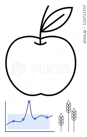 Apple outline line graph wheat stalks. Ideal for agriculture, growth, sustainability, data analysis, nature, simplicity, health. Line metaphor for growth and connectivity 128712357