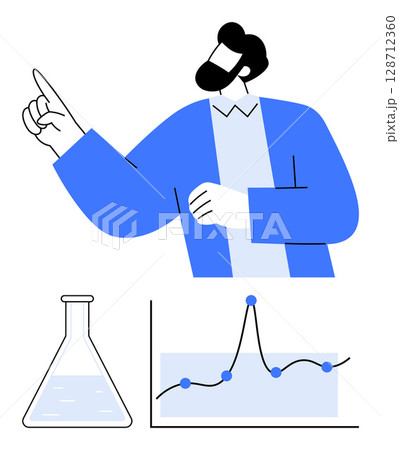 Scientist gesturing lab flask graph with data points. Ideal for learning, science, education, research, analytics, presentation, innovation. Line metaphor Scientist gesturing lab flask graph with data points. Ideal for learning, science, education, research, analytics, presentation, innovation. Line metaphor 128712360
