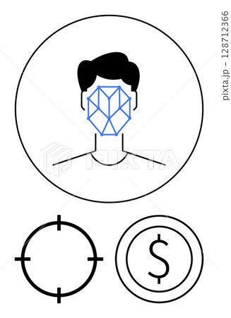 Persons face with geometric facial recognition overlay, crosshair icon, dollar sign. Ideal for technology, security, finance, identification, biometrics targeting digital marketing. Line metaphor 128712366