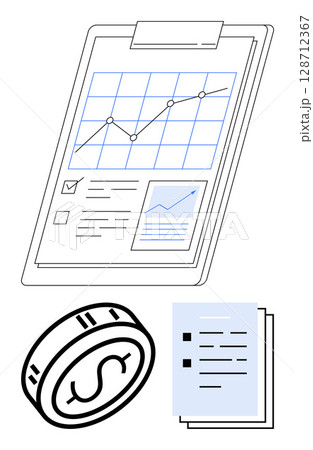 Financial report on clipboard featuring line chart, document stack, and coin with dollar sign. Ideal for financial planning, investment analysis, accounting, business presentations, economic studies Financial report on clipboard featuring line chart, document stack, and coin with dollar sign. Ideal for financial planning, investment analysis, accounting, business presentations, economic studies 128712367