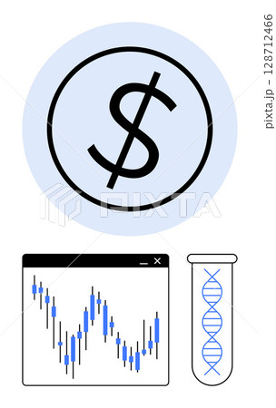 Dollar symbol next to stock market chart and DNA helix in test tube. Ideal for finance, biotech, investments, research, science healthcare innovation. Line metaphor. Line metaphor. Simple line icons 128712466