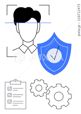 Facial recognition scan on person, security shield with checkmark, checklist with checkmarks, gears. Ideal for cybersecurity, system integration, technology, privacy protection, verification Facial recognition scan on person, security shield with checkmark, checklist with checkmarks, gears. Ideal for cybersecurity, system integration, technology, privacy protection, verification 128712473