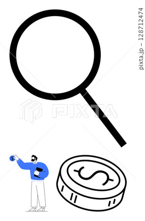 Magnifying glass, dollar coin, and a researcher holding a coin. Ideal for finance, research, investment, economics, savings market analysis and education themes. Line metaphor Magnifying glass, dollar coin, and a researcher holding a coin. Ideal for finance, research, investment, economics, savings market analysis and education themes. Line metaphor 128712474