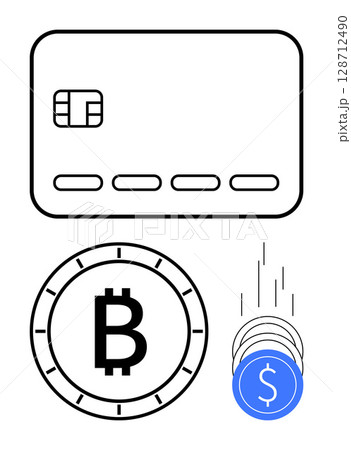 Credit card, Bitcoin symbol, and digital currency coins falling. Ideal for finance, banking, digital payments, cryptocurrency, e-commerce financial technology online transactions. Line metaphor Credit card, Bitcoin symbol, and digital currency coins falling. Ideal for finance, banking, digital payments, cryptocurrency, e-commerce financial technology online transactions. Line metaphor 128712490
