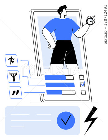Large smartphone displaying a fitness app with user profile, activity icons, and progress bars. Ideal for fitness tracking, health apps, progress monitoring, user interface design, wellness, mobile 128712491