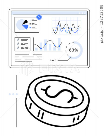 Computer screen displaying financial graphs, pie charts, progress indicators, and checklists above a dollar coin. Ideal for finance, data analysis, business strategy, financial planning, reporting 128712509