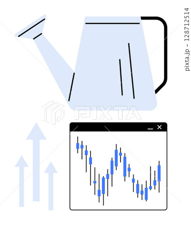 Watering can above a financial growth chart with upward arrows. Ideal for investment, financial growth, business strategy, nurturing concepts, startup development, market analysis, and economic 128712514