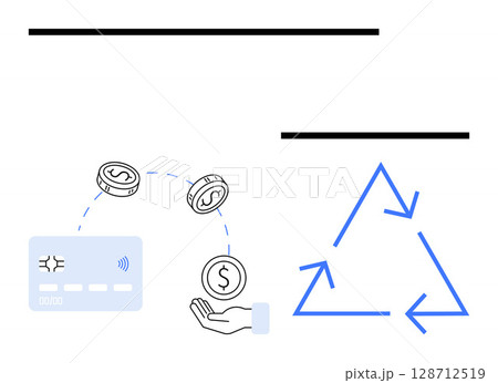 Credit card, coins, and hand illustrating financial transaction. Blue recycling arrows symbolizing sustainability. Ideal for finance, banking, transactions, e-commerce, money management recycling 128712519