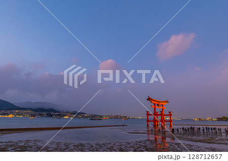 夕暮れ時の厳島神社大鳥居と引き潮の海辺風景（広島県・宮島） 128712657